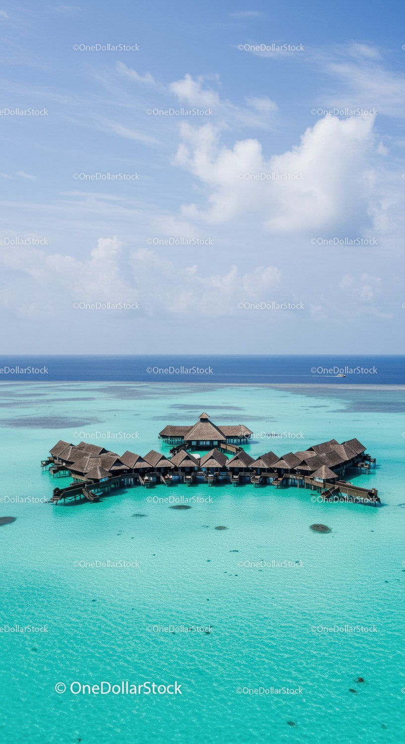 Overwater Bungalows in Tropical Paradise with Turquoise Water