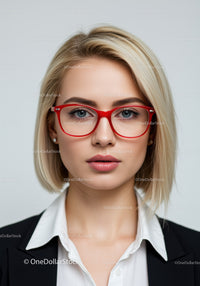 Elegant Woman with Blonde Hair and Red Glasses