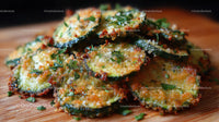 Crispy Fried Zucchini Slices with Herbs on Wooden Board