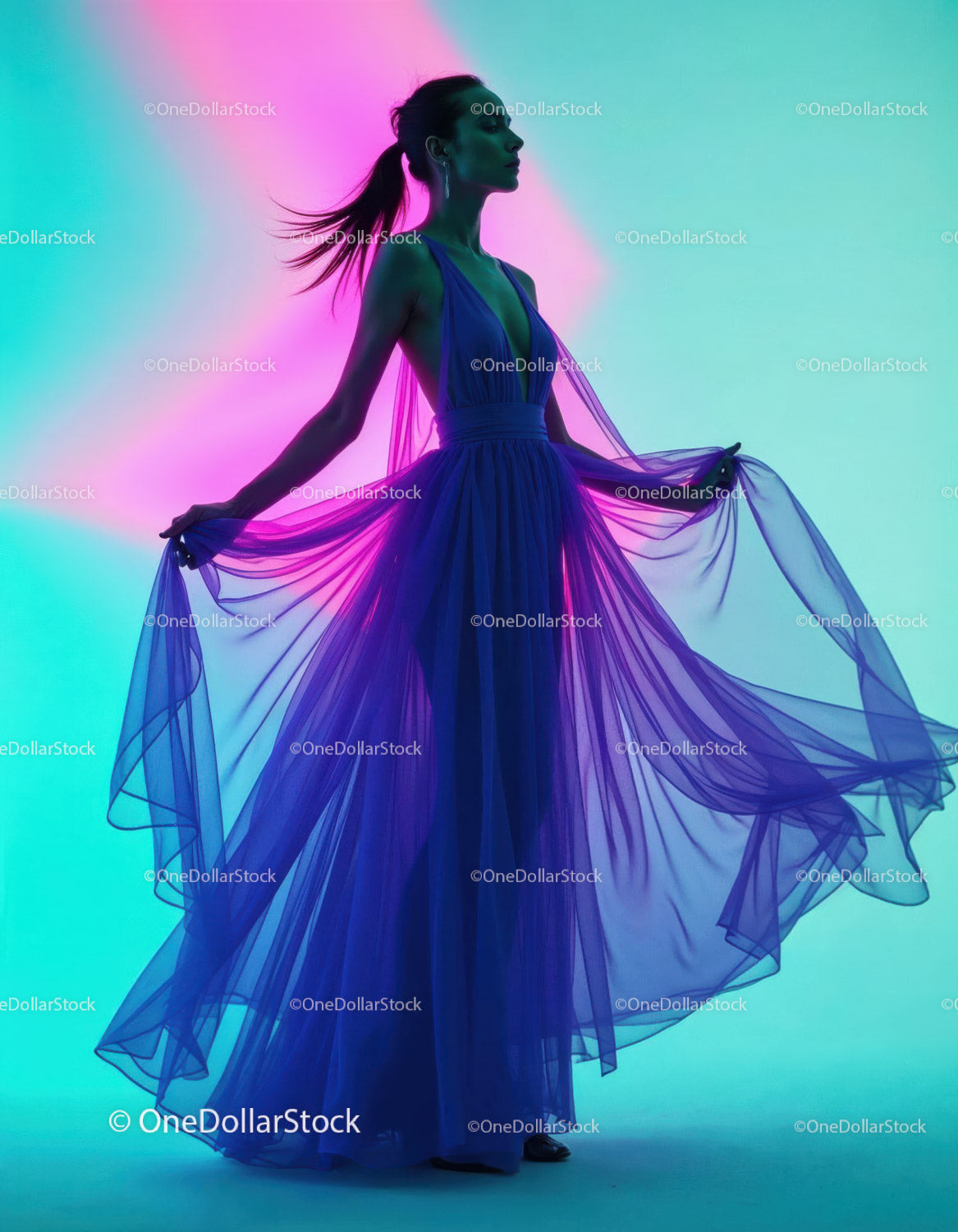 Elegant Model in Long Blue Chiffon Dress with Vibrant Purple Lighting