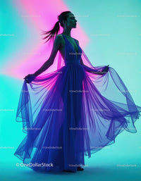 Elegant Model in Long Blue Chiffon Dress with Vibrant Purple Lighting