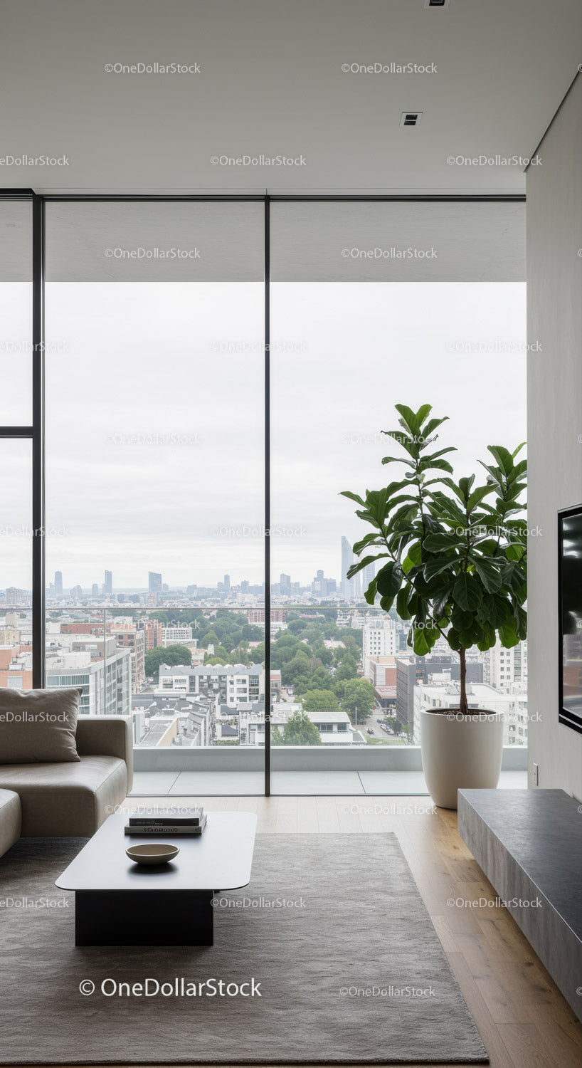 Modern Living Room with Cityscape View and Indoor Plant