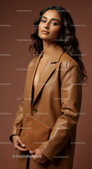 Elegant Woman Wearing Leather Blazer in Fashion Portrait