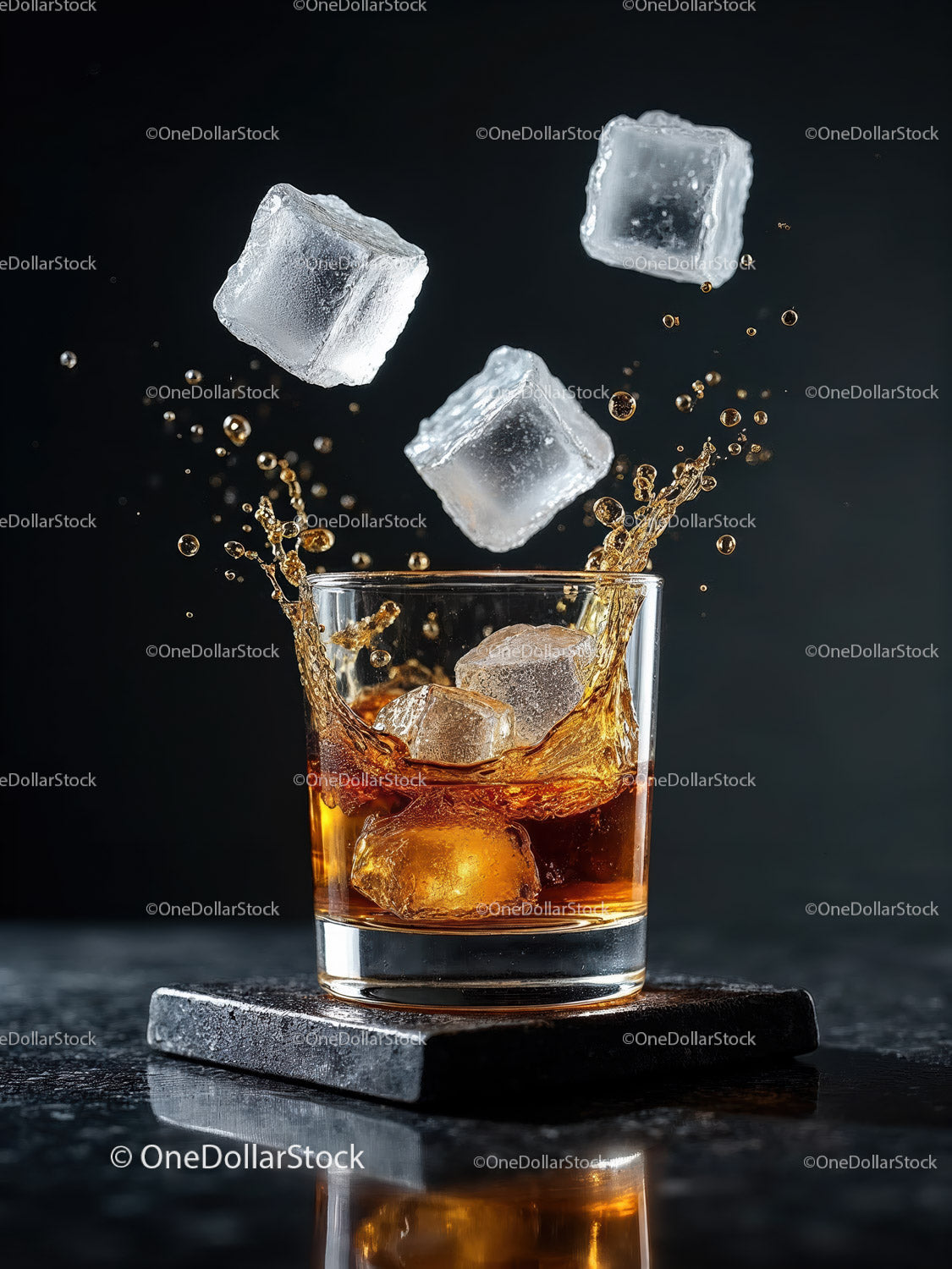 Whiskey splash with ice cubes in a glass on dark background