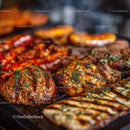 Colorful Skewered Grilled Meat and Vegetables on Barbecue