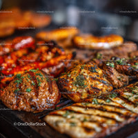 Colorful Skewered Grilled Meat and Vegetables on Barbecue