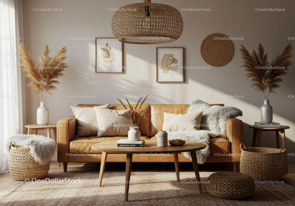 Cozy living room with natural textures and warm tones