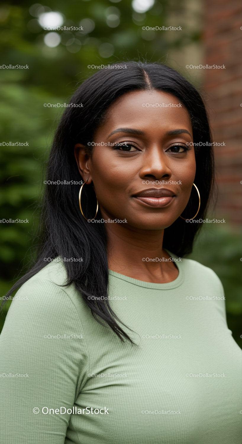 Confident woman with subtle smile in natural outdoor setting
