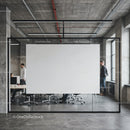 Modern office space with glass meeting room and blank board