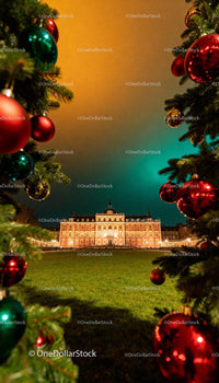 Historic building framed by decorated Christmas trees