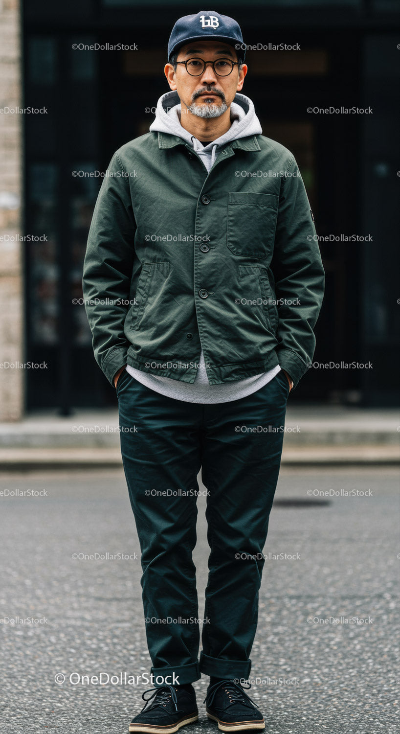 Stylish Man in Denim Jacket and Cap Standing on City Street