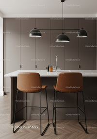 Modern Kitchen with Brown Bar Stools and Black Pendant Lights