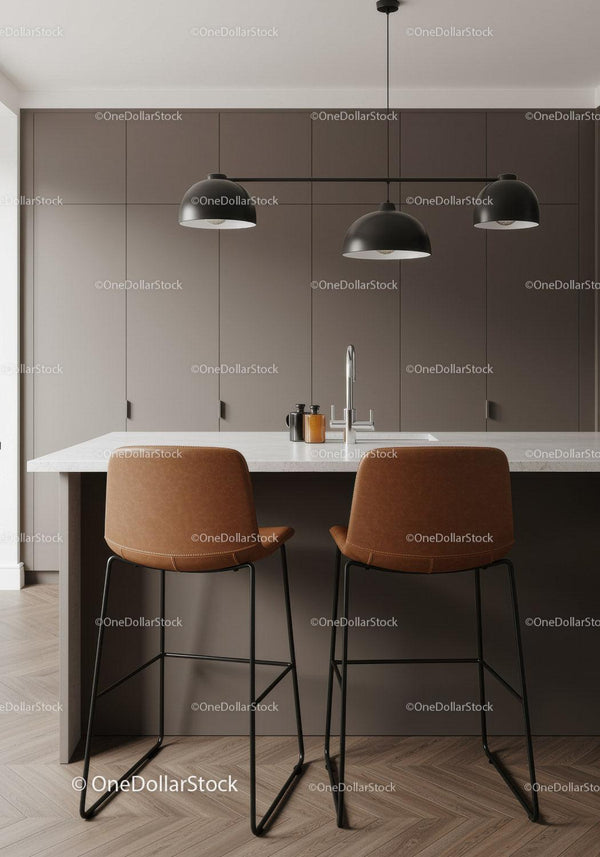 Modern Kitchen with Brown Bar Stools and Black Pendant Lights