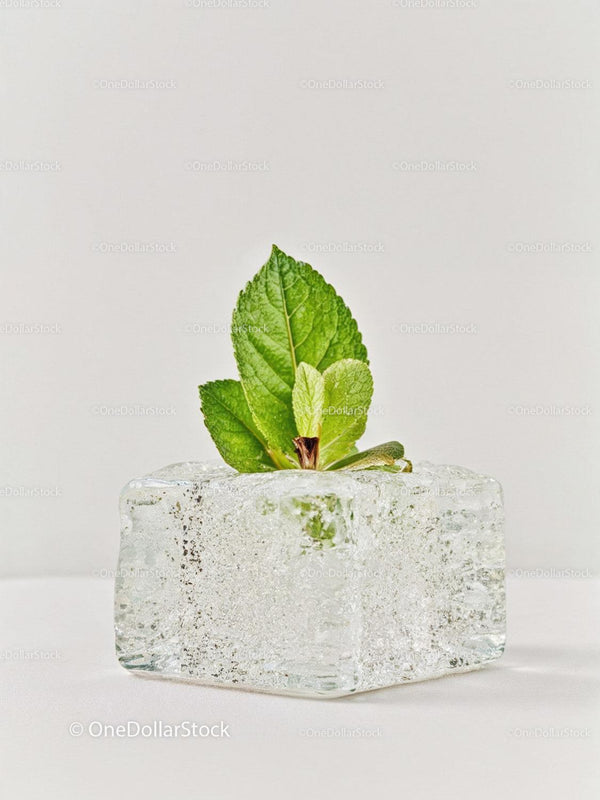 Fresh green mint leaves frozen inside ice cube