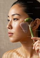 Young Asian Woman Using Jade Roller for Facial Skincare Therapy