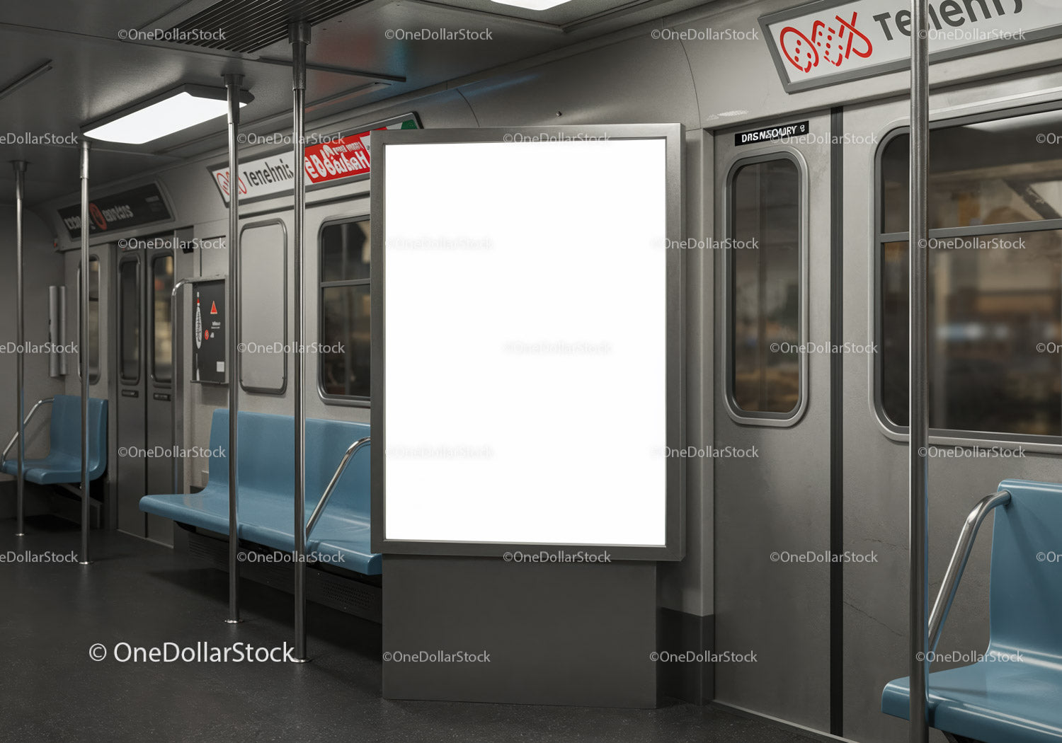 Empty subway car with blank advertisement panel