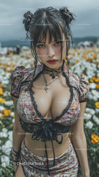 Young Woman in Floral Dress and Layered Necklaces in Blooming Garden