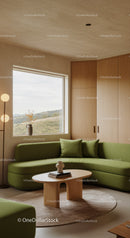 Modern green sofa in warm minimalist living room interior