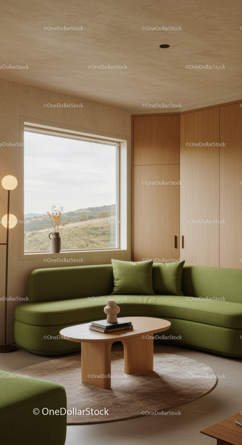 Modern green sofa in warm minimalist living room interior