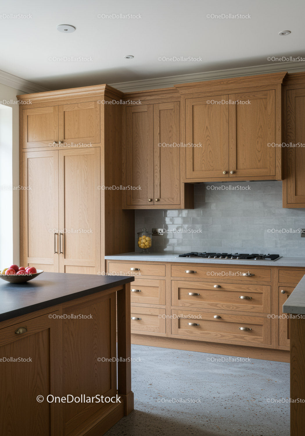 Modern Kitchen with Wooden Cabinets and Gray Tile Backsplash