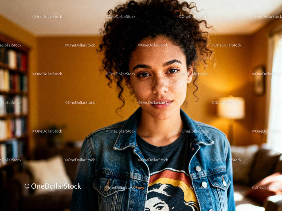 Young woman with freckles standing in cozy living room