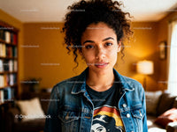 Young woman with freckles standing in cozy living room