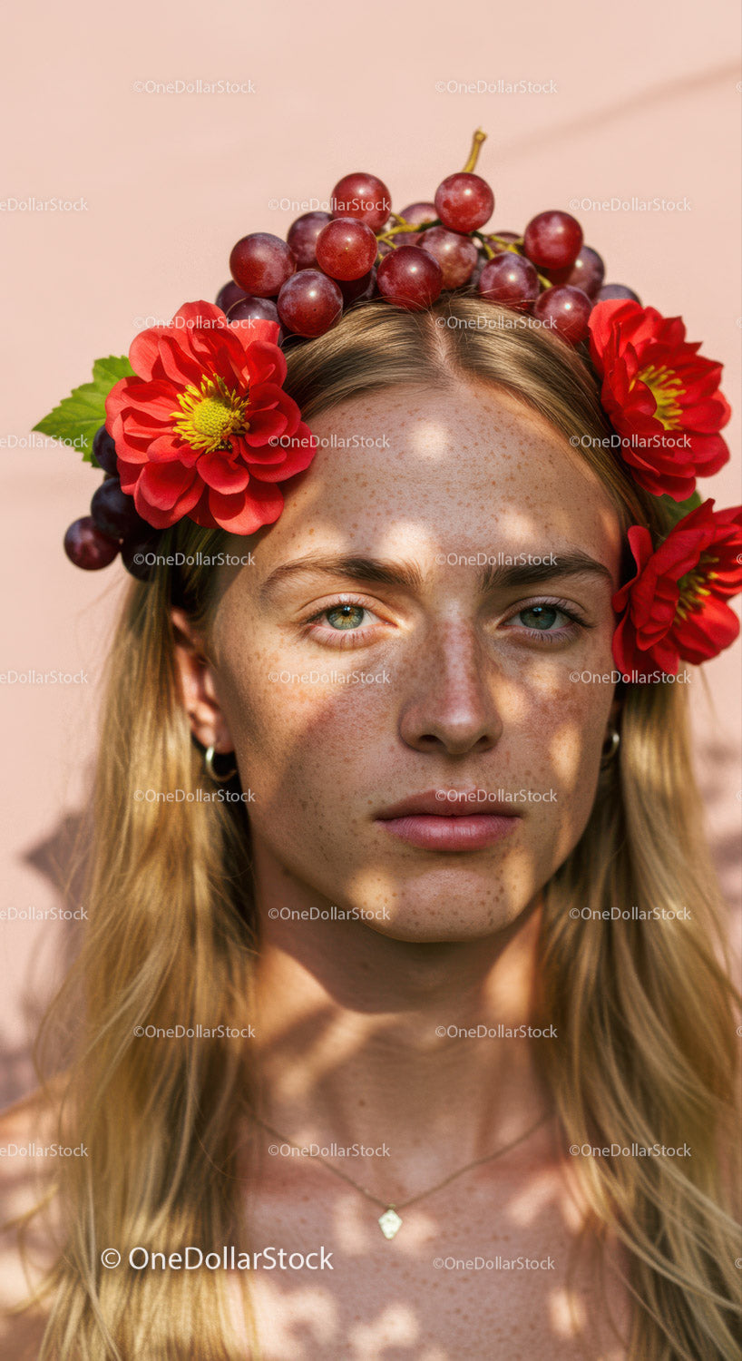 Beautiful Woman Wearing Floral Crown with Red Alstroemeria and Grape Flowers