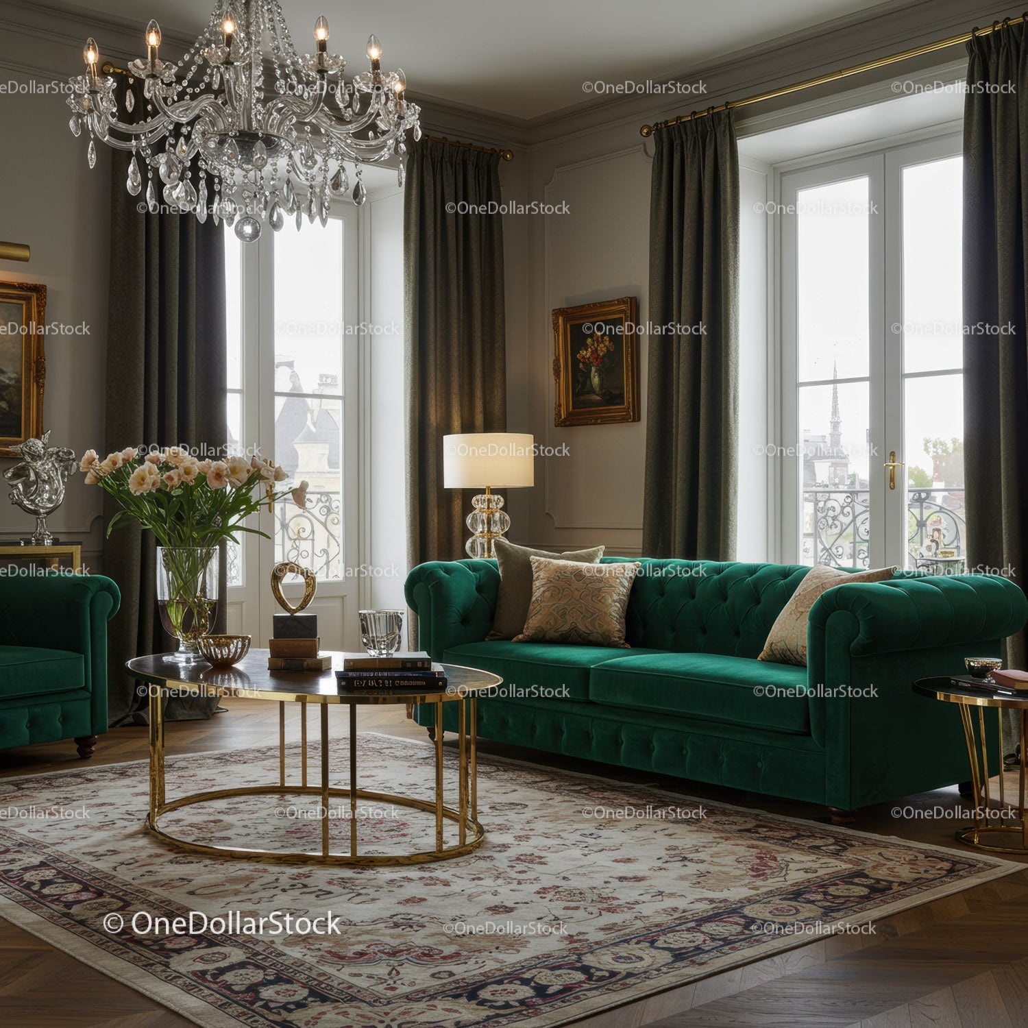 Elegant Living Room with Emerald Green Velvet Sofa