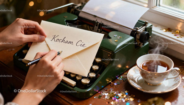 Handwriting a Romantic Letter Near Vintage Typewriter and Tea