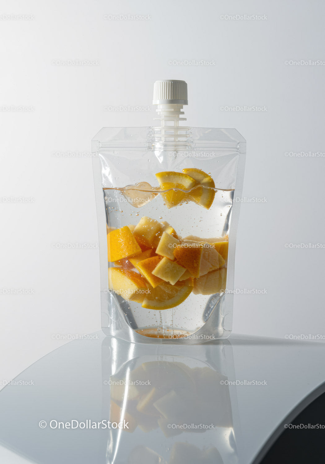 Fresh citrus pieces in clear water pouch with cap