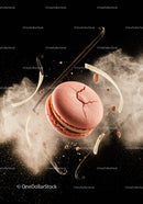 Pink Macaron Surrounded by Vanilla Beans and Powder Burst