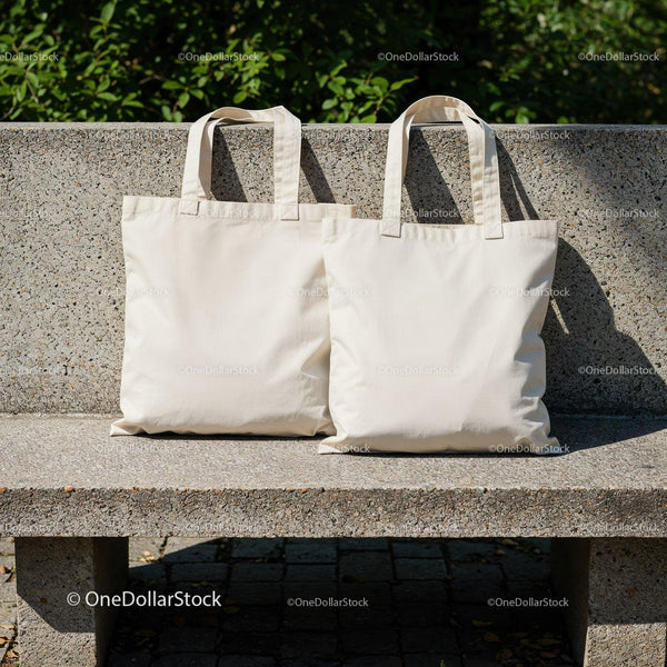 Two blank cotton tote bags resting on stone bench outdoors JPG Mockup Image