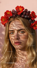 Beautiful Woman Wearing Floral Crown with Red Alstroemeria and Grape Flowers