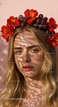 Beautiful Woman Wearing Floral Crown with Red Alstroemeria and Grape Flowers