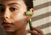 Close-up of a woman receiving facial with jade roller and eye patch