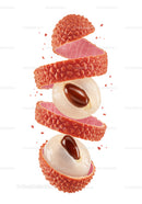 Fresh lychee fruit peeling with exposed seeds isolated