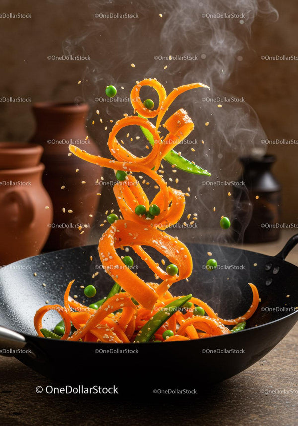 Świeże warzywne stir fry z wstążkami marchewki i groszkiem