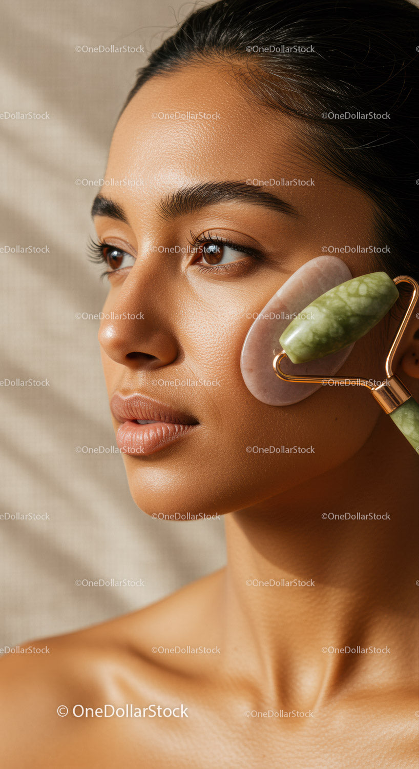 Woman Using Jade Roller for Beauty and Skin Care on Face