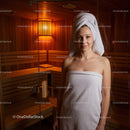 Young Woman in Towels Enjoying Sauna Relaxation in Cozy Wellness Center