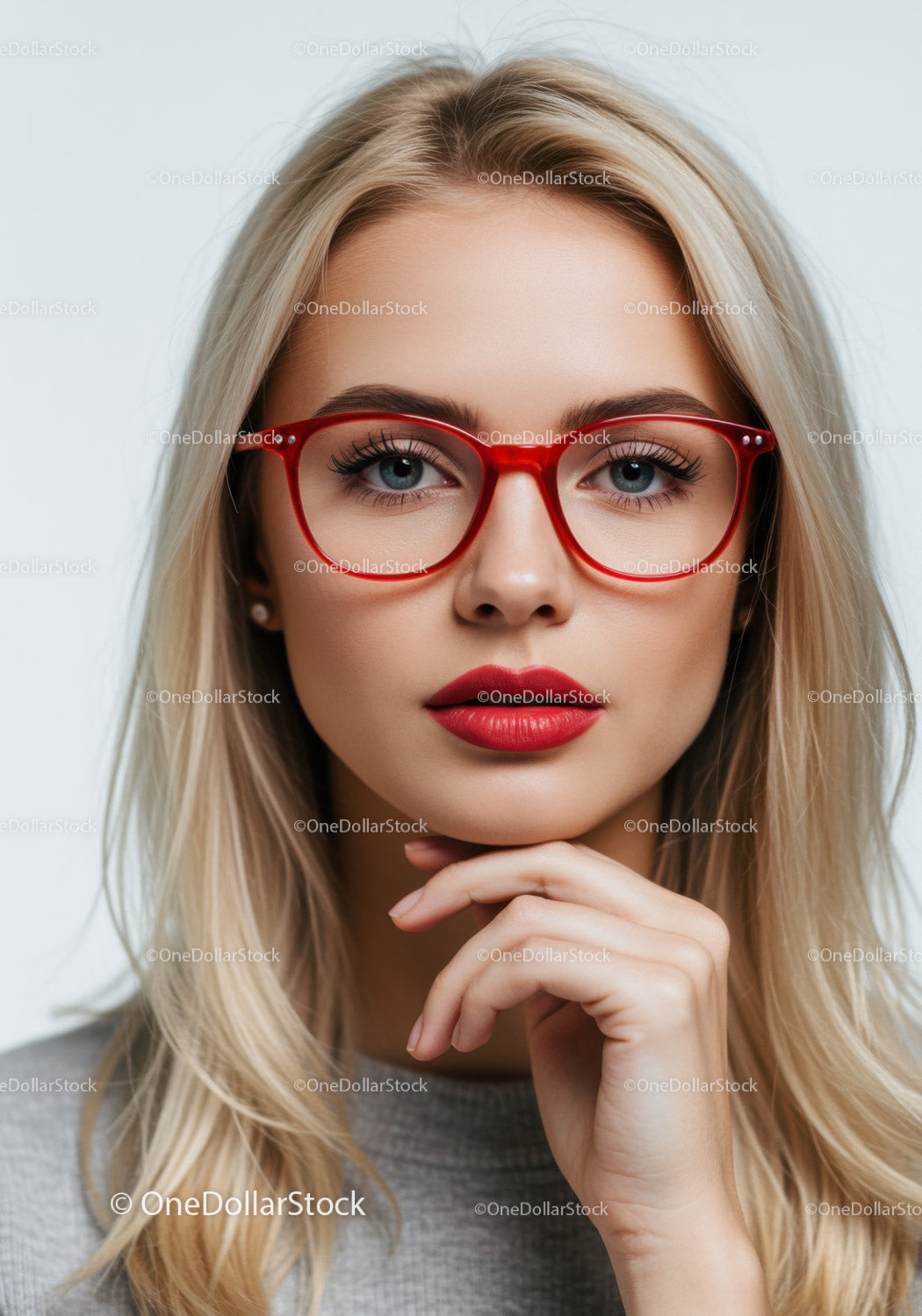 Modna kobieta z blond włosami i czerwonymi okularami