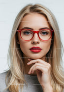 Fashionable Woman with Blonde Hair and Red Glasses