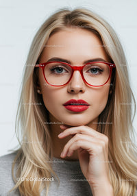 Fashionable Woman with Blonde Hair and Red Glasses
