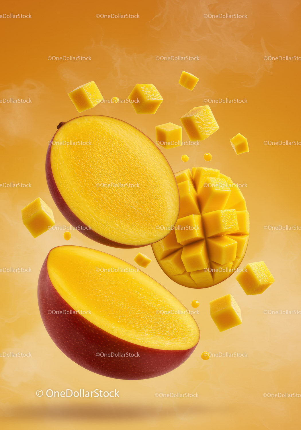Fresh mango halves and diced cubes floating vibrant