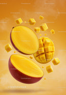 Fresh mango halves and diced cubes floating vibrant