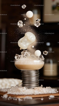 Dynamic Coffee Foam and Ice Cubes Splash in Creative Dessert