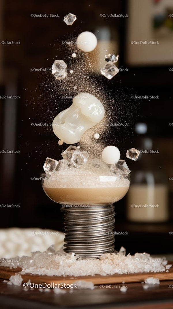 Dynamic Coffee Foam and Ice Cubes Splash in Creative Dessert