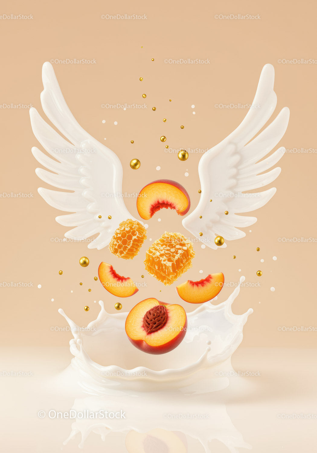 Fresh peach slices with honeycomb and splash of milk