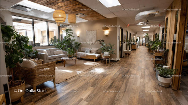 Bright Modern Lounge with Indoor Plants and Natural Wood Decor