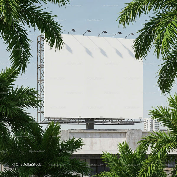 Blank Outdoor Billboard Surrounded by Tropical Palm Trees JPG Mockup Image
