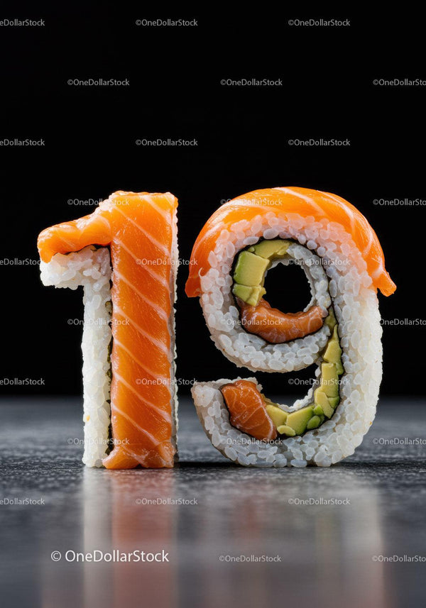 Number nineteen crafted from fresh sushi rolls